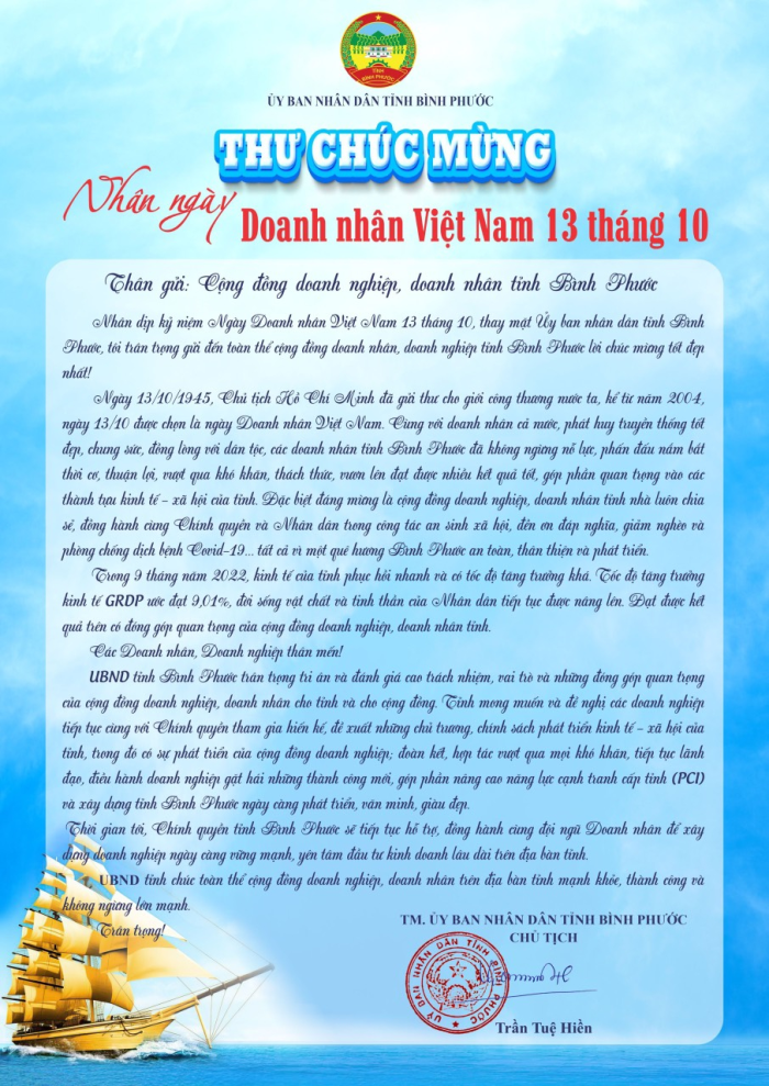 Thư chúc mừng của Chủ tịch UBND tỉnh Bình Phước nhân ngày Doanh nhân Việt Nam 13 tháng 10